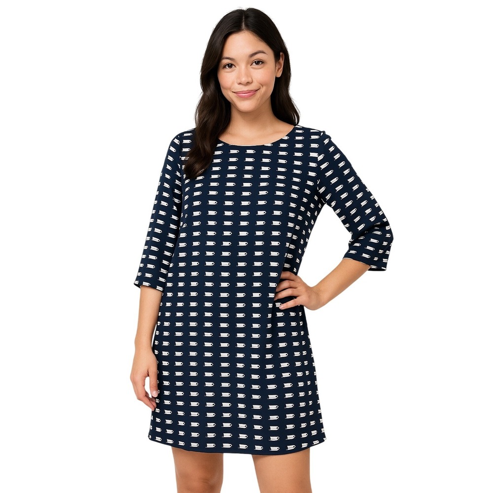 Gap Dress S Navy Blue White Teacup Print Shift Mini 3/4‎ Sleeve Boat Neck Chic